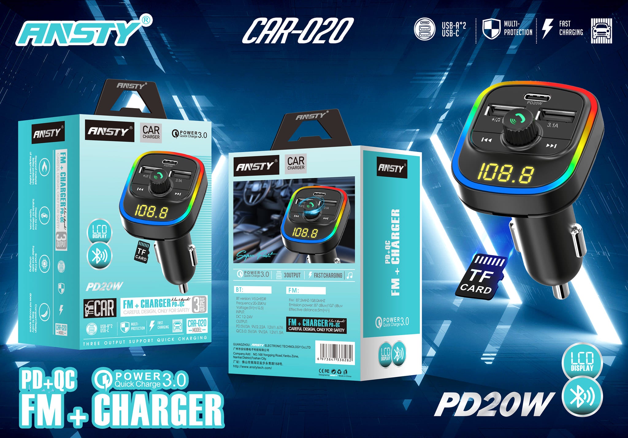 CAR-020 Wireless FM Car Kit with PD + QC Fast Charging