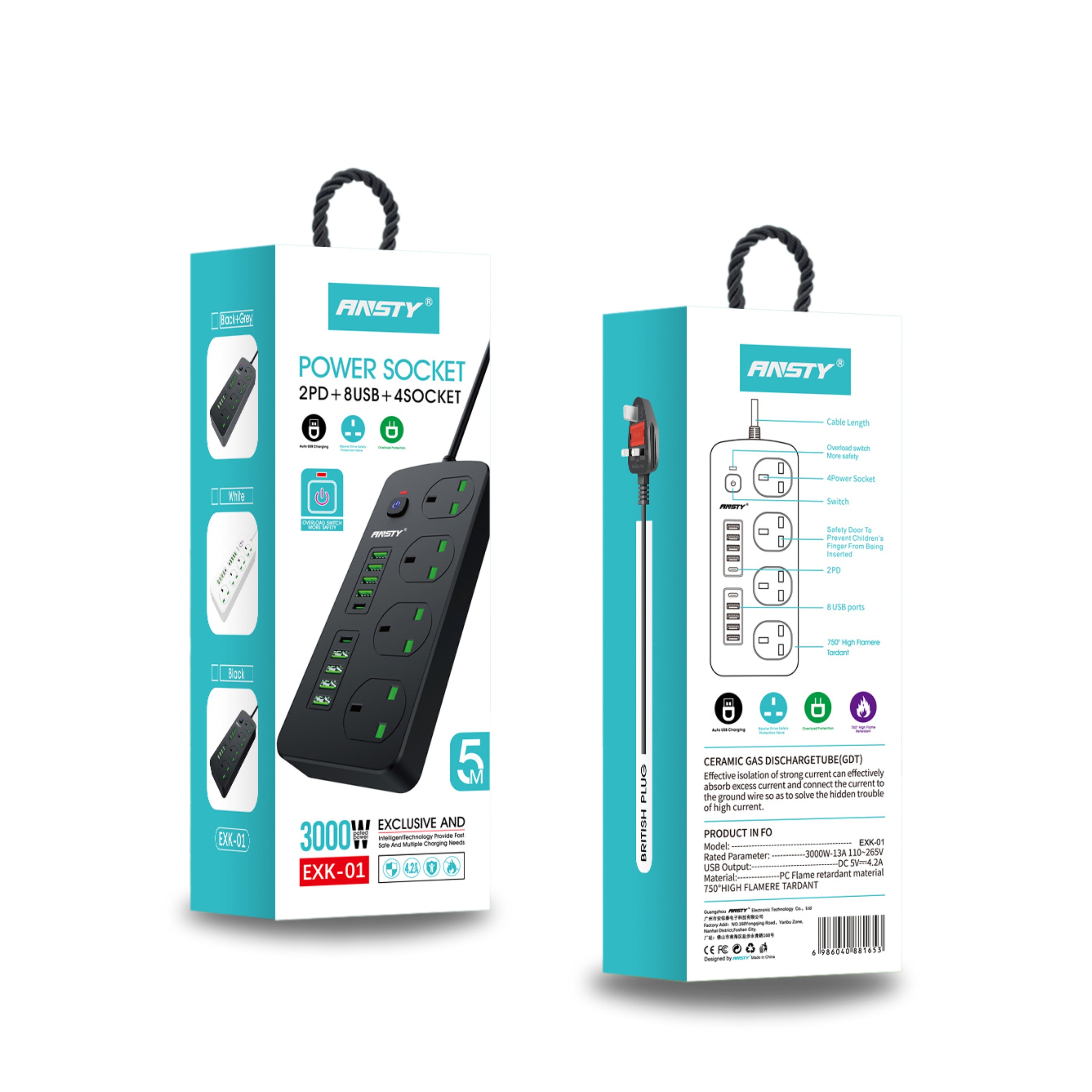 Power Socket  2PD+8USB+ 4Socket Code Wire Extension EXK-01