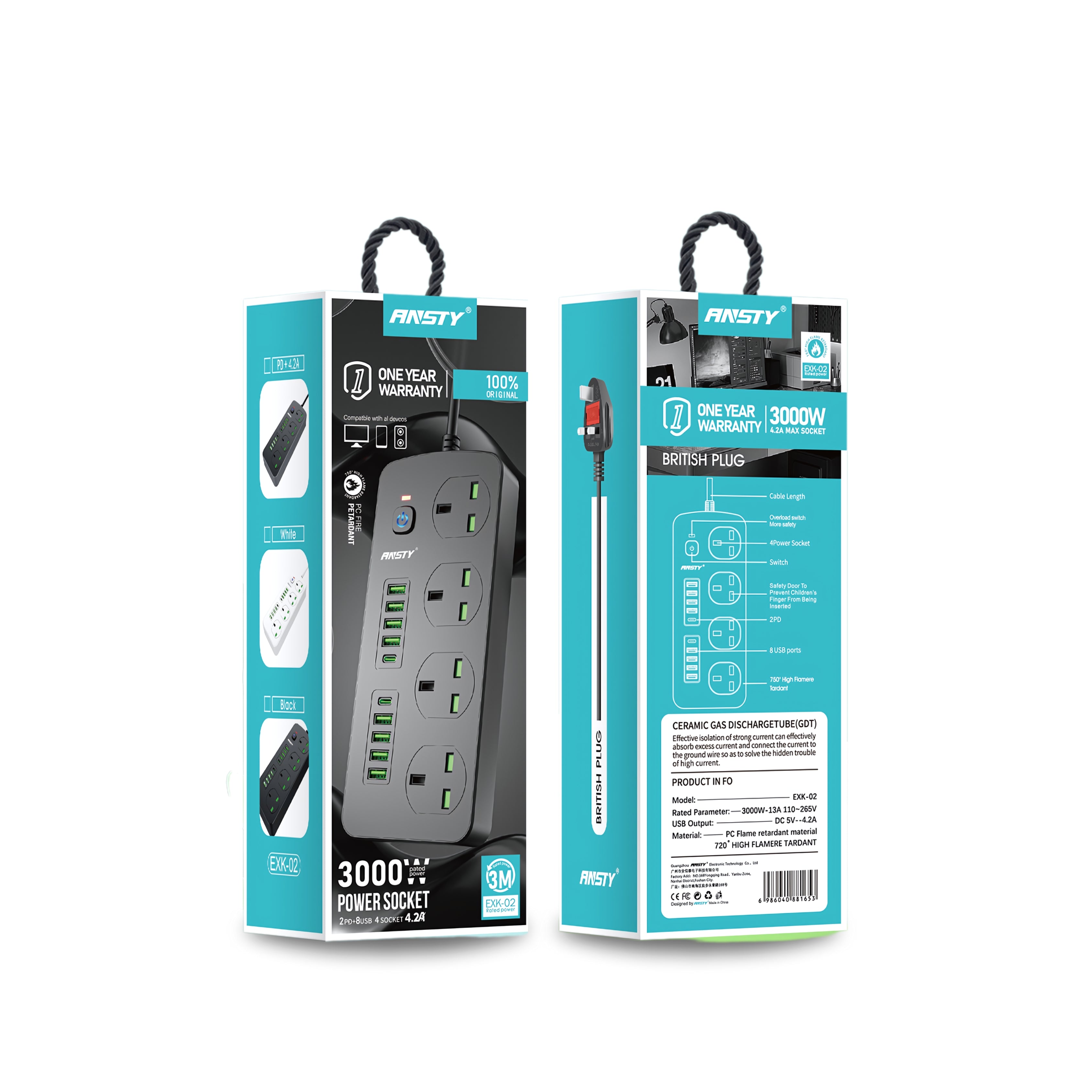 Power Socket  2PD+8USB+ 4Socket Code Wire Extension EXK-02