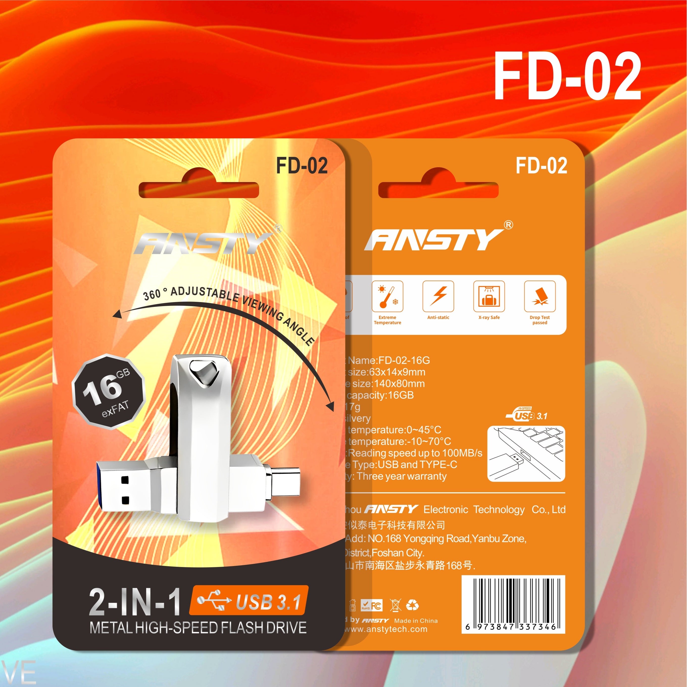2 in 1 USB 3.1 Metal High Speed Flash Drive - 16GB FD-02