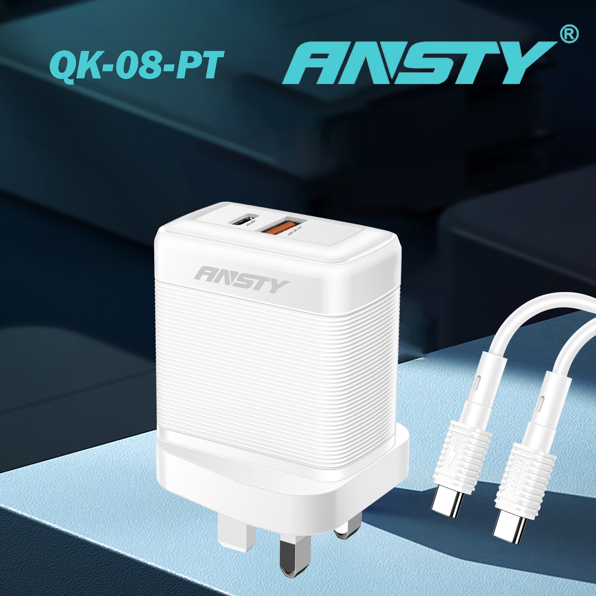 PD 20W + 18W Charging Adapter with Type-C to Type-C Cable QK-08-PT