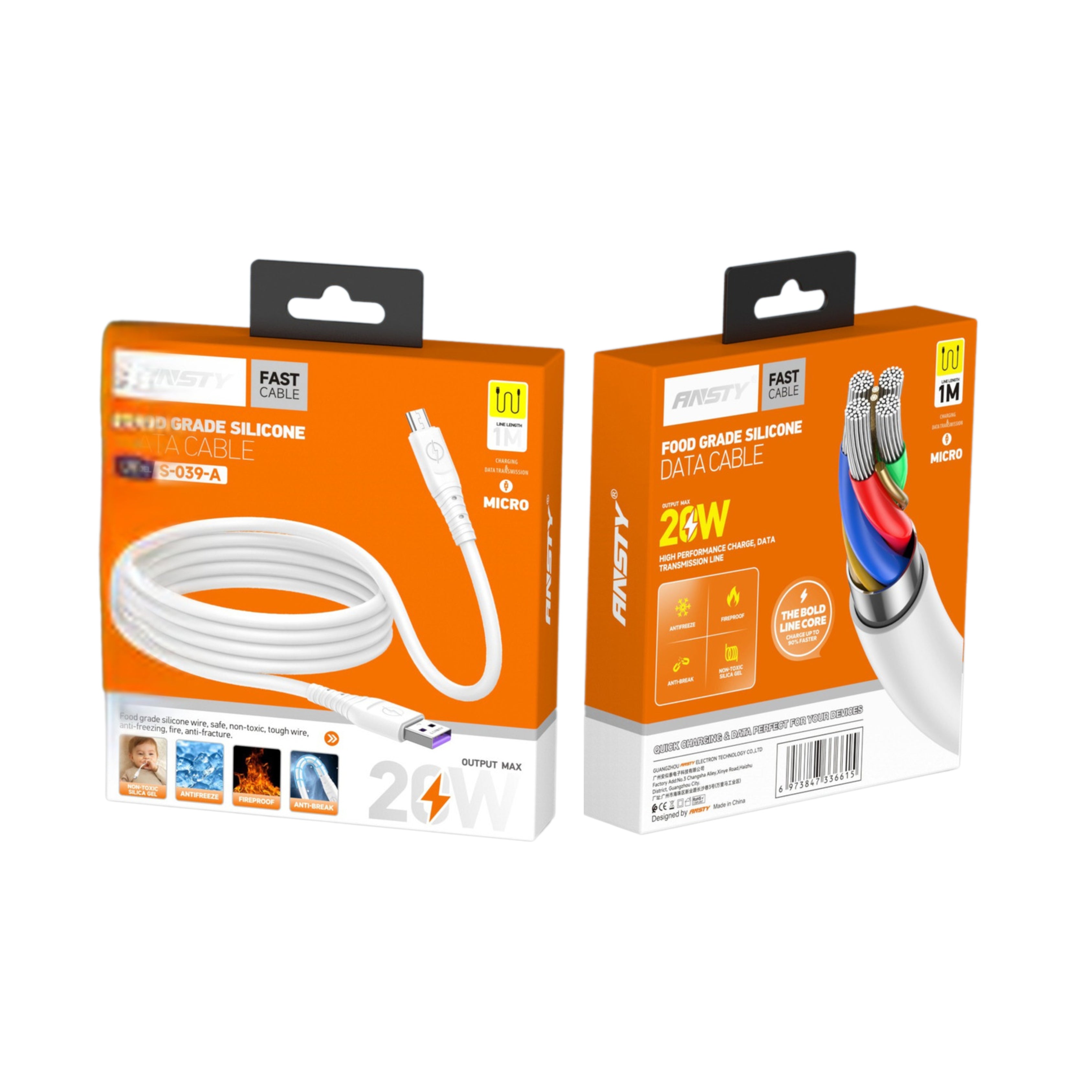 Micro USB Silicone 20W Data Cable (Food Grade | 10pcs Pack) S-039-A