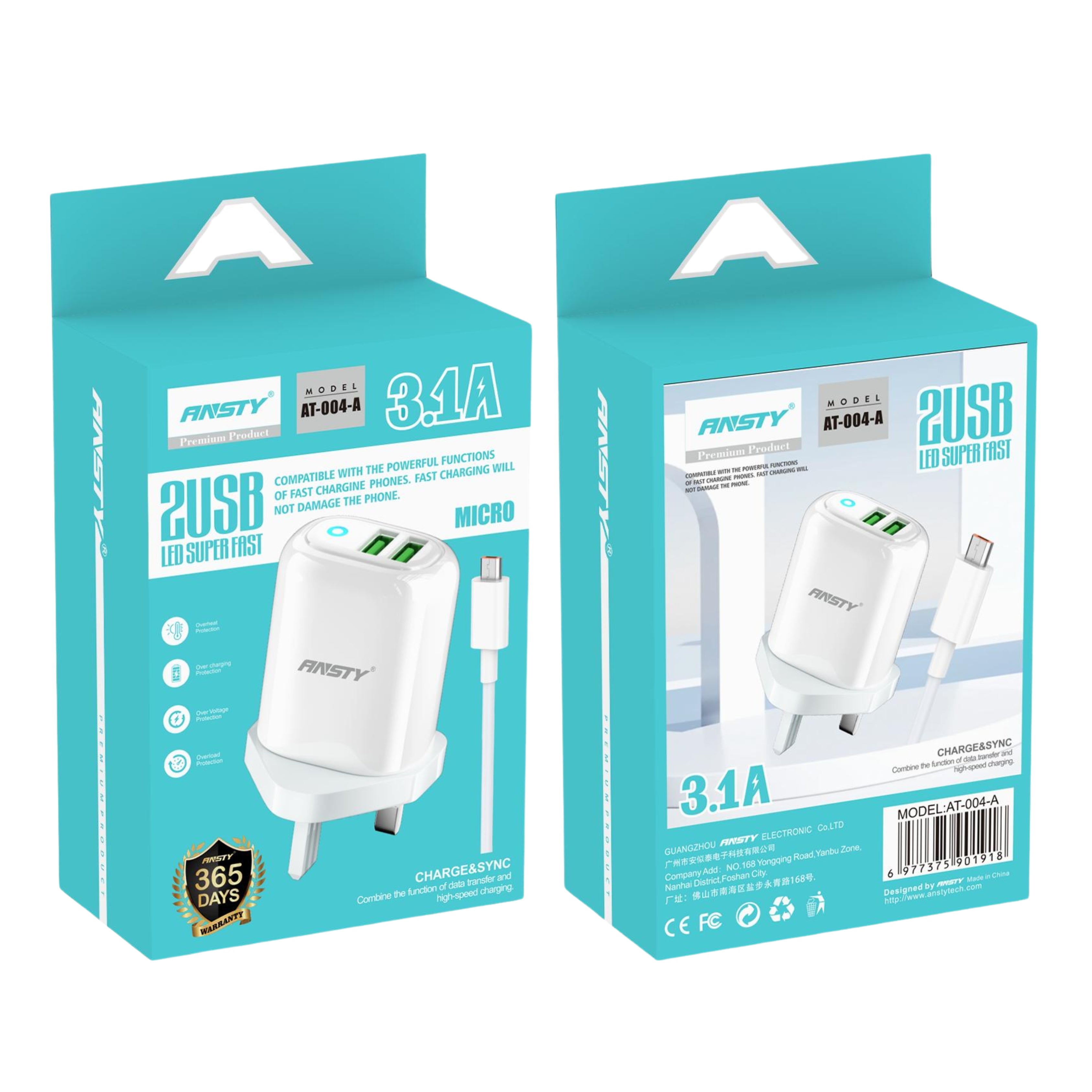 3.1A Dual USB Micro LED uper Fast Charger AT-004-A
