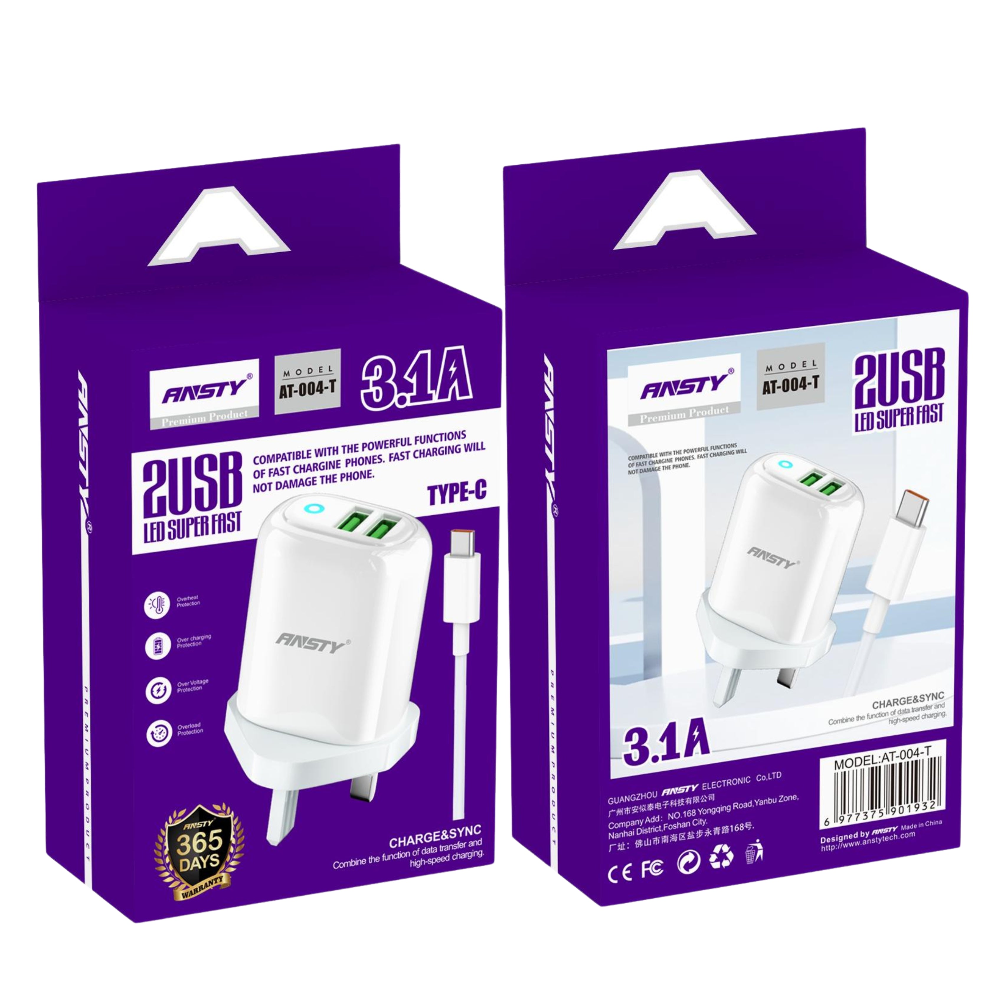 2USB LED Type-C 3.1A Fast Charger AT-004-T