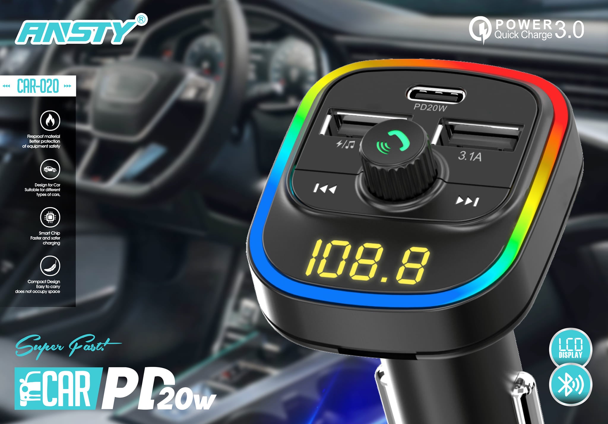 CAR-020 Wireless FM Car Kit with PD + QC Fast Charging