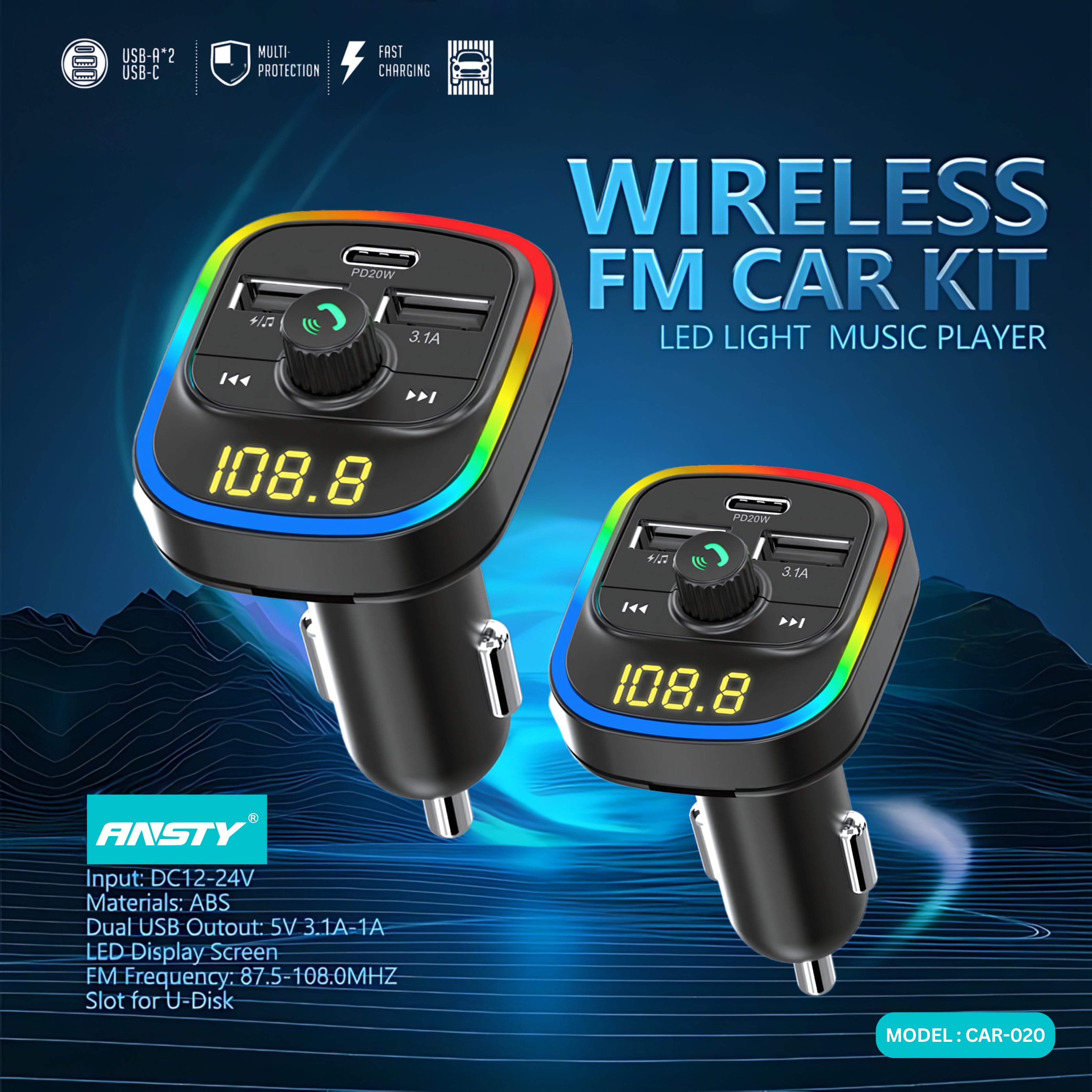 CAR-020 Wireless FM Car Kit with PD + QC Fast Charging