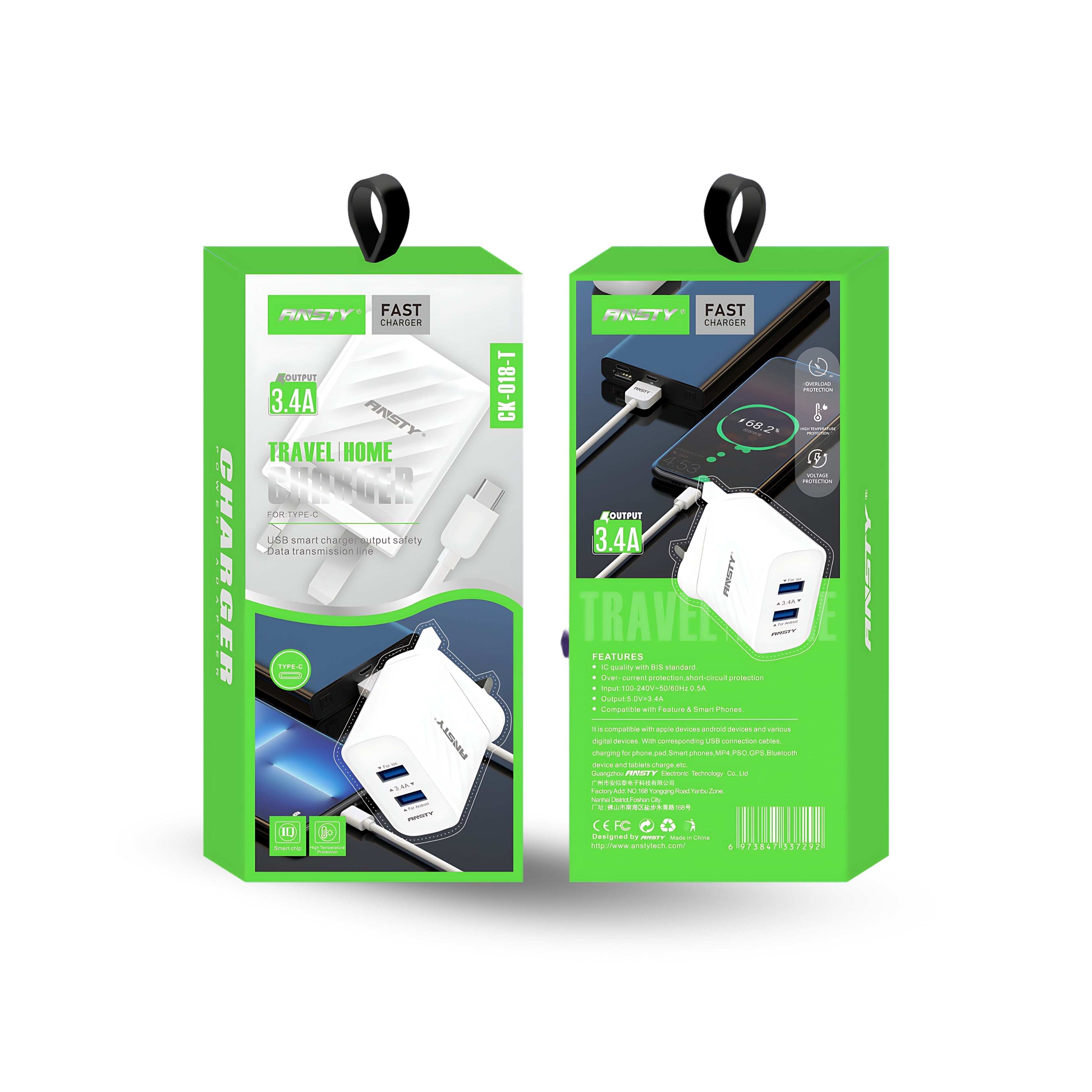 3.4A Travel Home Charging  Type-C Adapter CK-018-T