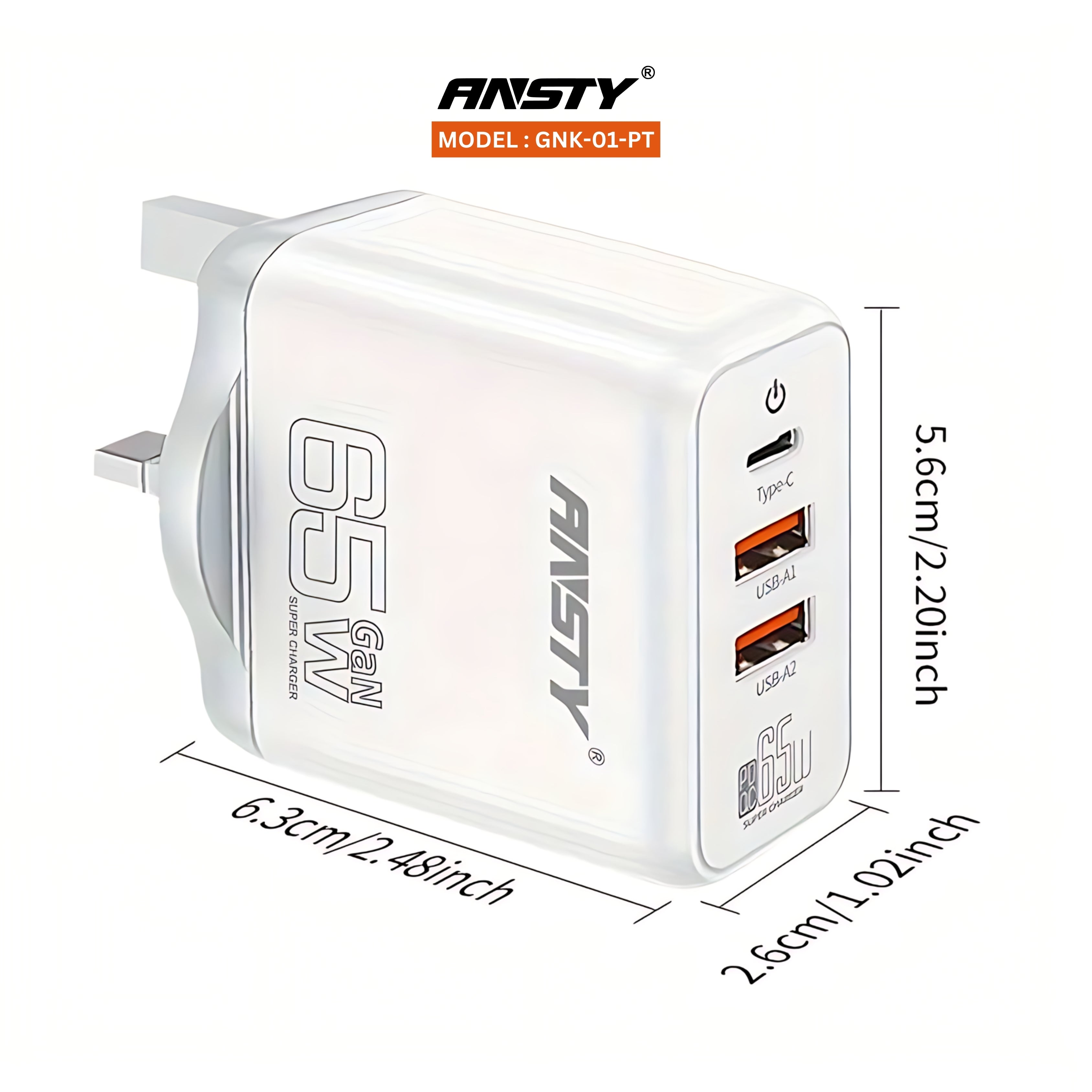 GNK-01-PT 65W GaN Fast Charger (2 USB-A + 1 USB-C)