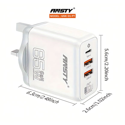 GNK-01-PT 65W GaN Fast Charger (2 USB-A + 1 USB-C)