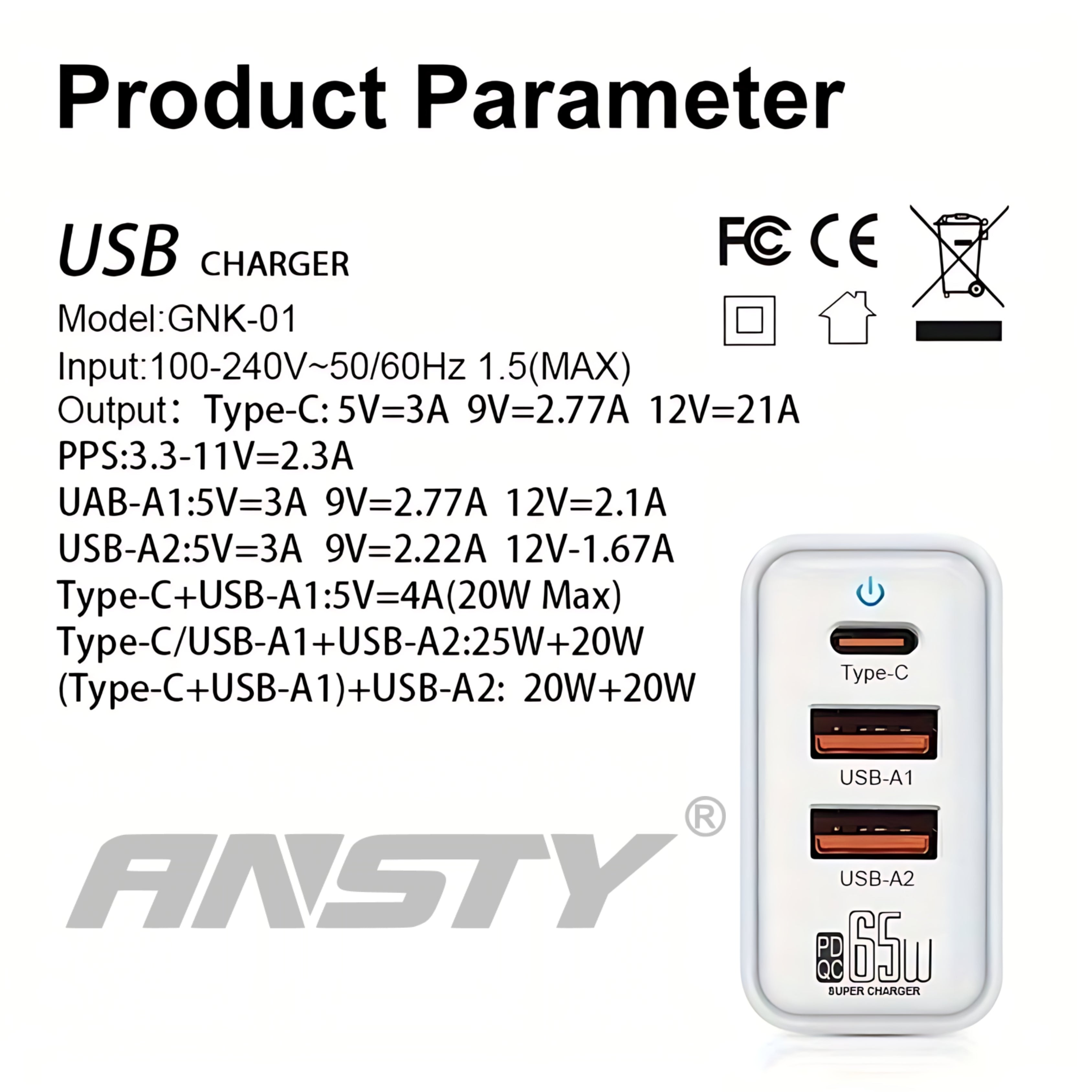 GNK-01-PT 65W GaN Fast Charger (2 USB-A + 1 USB-C)
