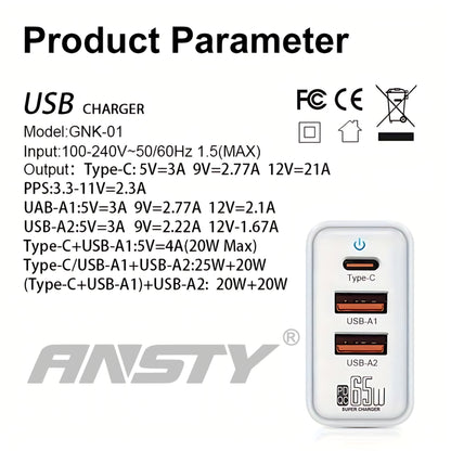 GNK-01-PT 65W GaN Fast Charger (2 USB-A + 1 USB-C)