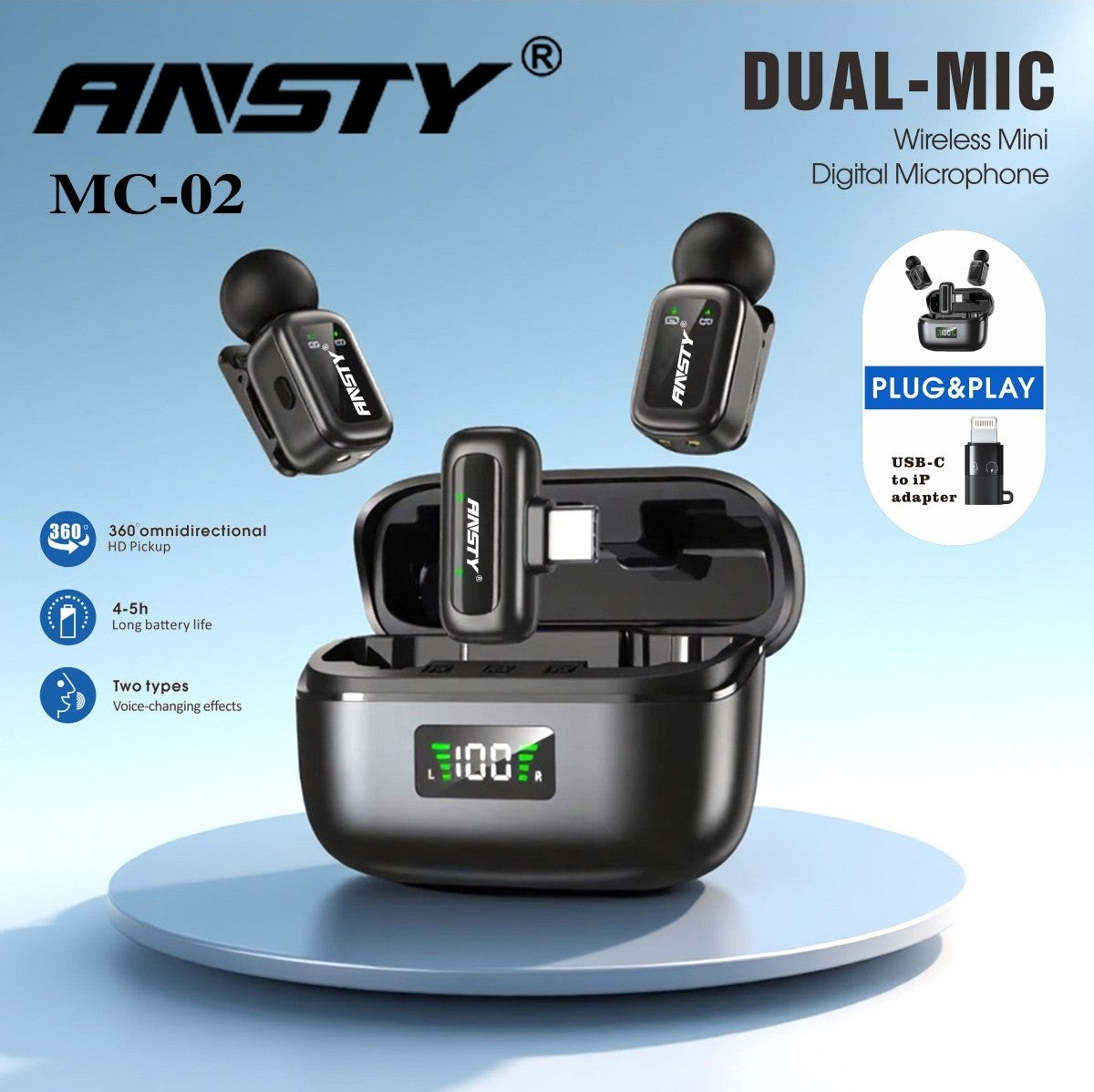 Wireless Mini Digital Dual Microphone MC-02 (USB-C to IP Adapter)