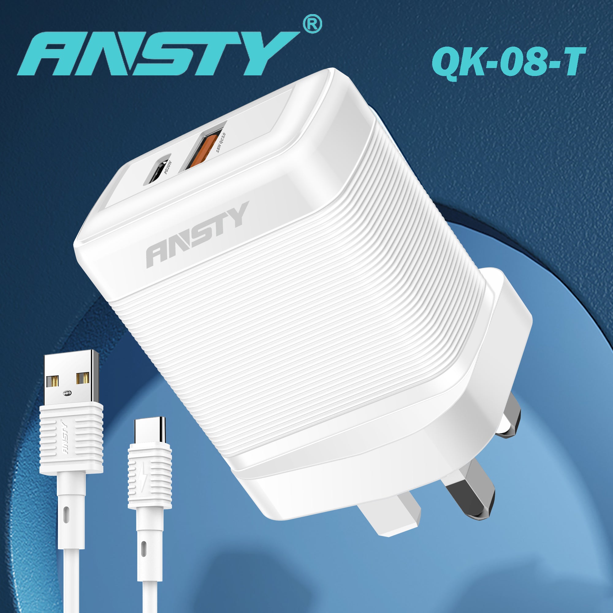 PD 20W + 18W Charging Adapter with Type-C to Type-C Cable QK-08-PT