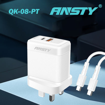 PD 20W + 18W Charging Adapter with Type-C to Type-C Cable QK-08-PT