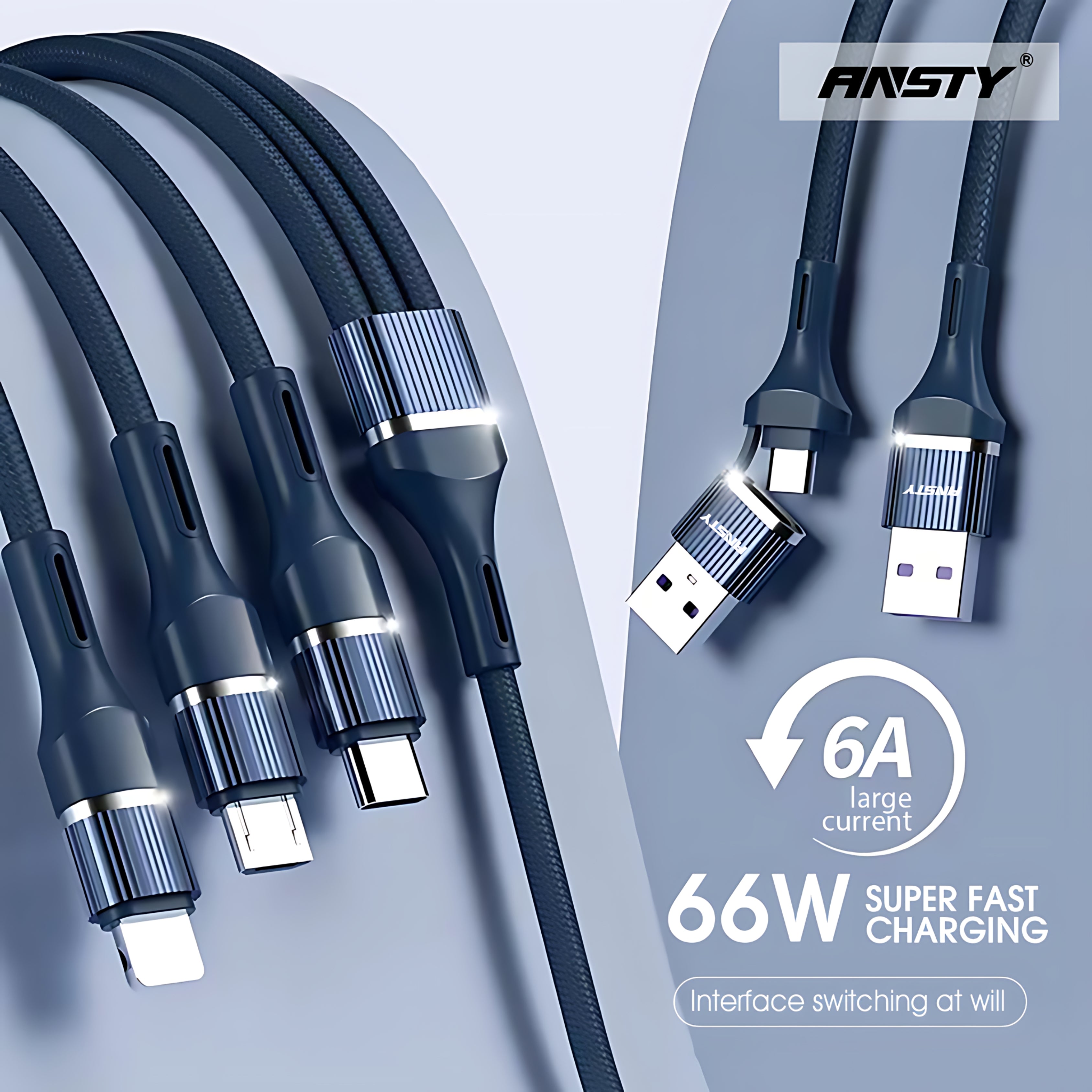 3in2 Metal 66W Fast Charging Cable S-036 Micro USB, Type-C & Lightning