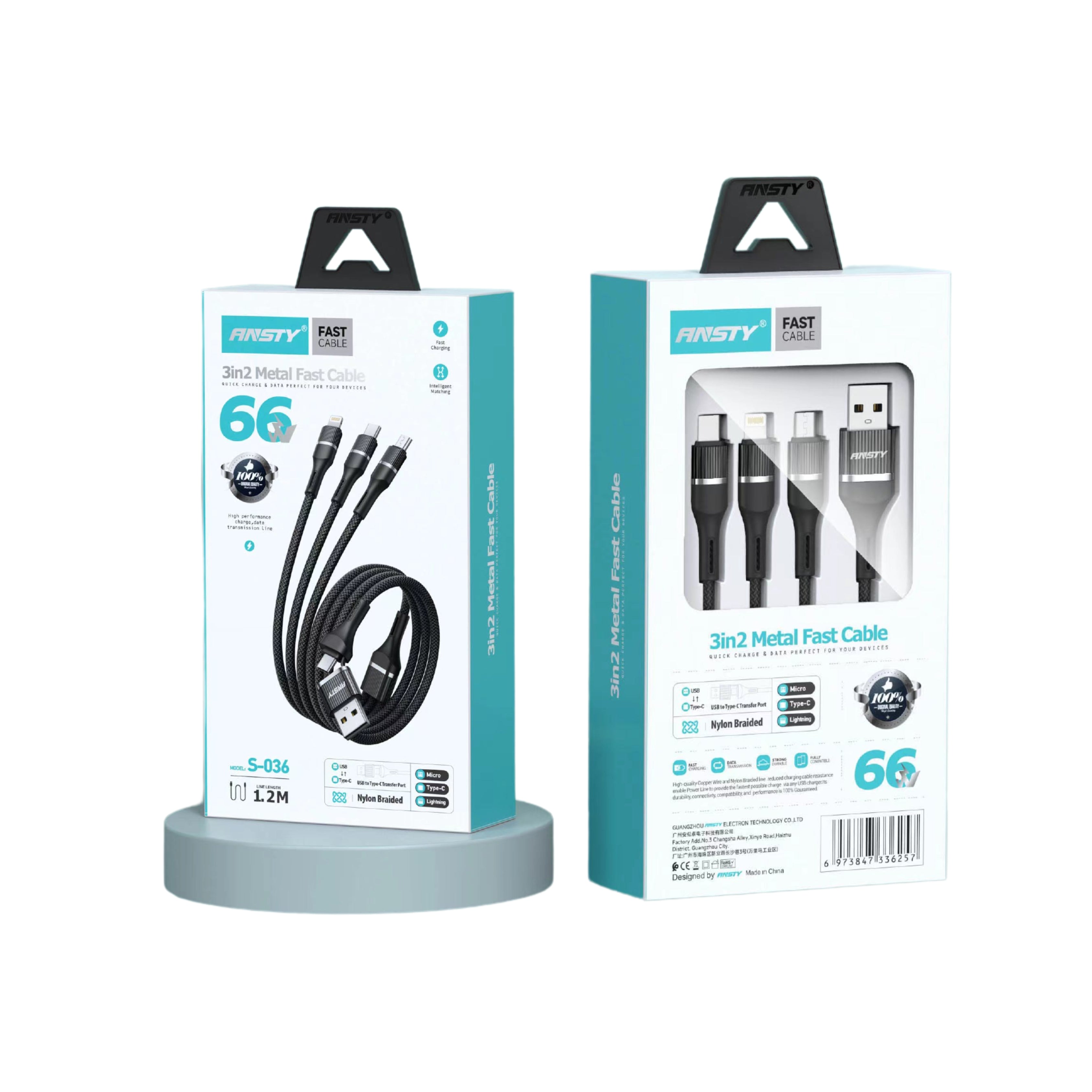 3in2 Metal 66W Fast Charging Cable S-036 Micro USB, Type-C & Lightning