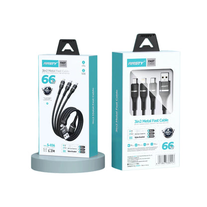 3in2 Metal 66W Fast Charging Cable S-036 Micro USB, Type-C & Lightning