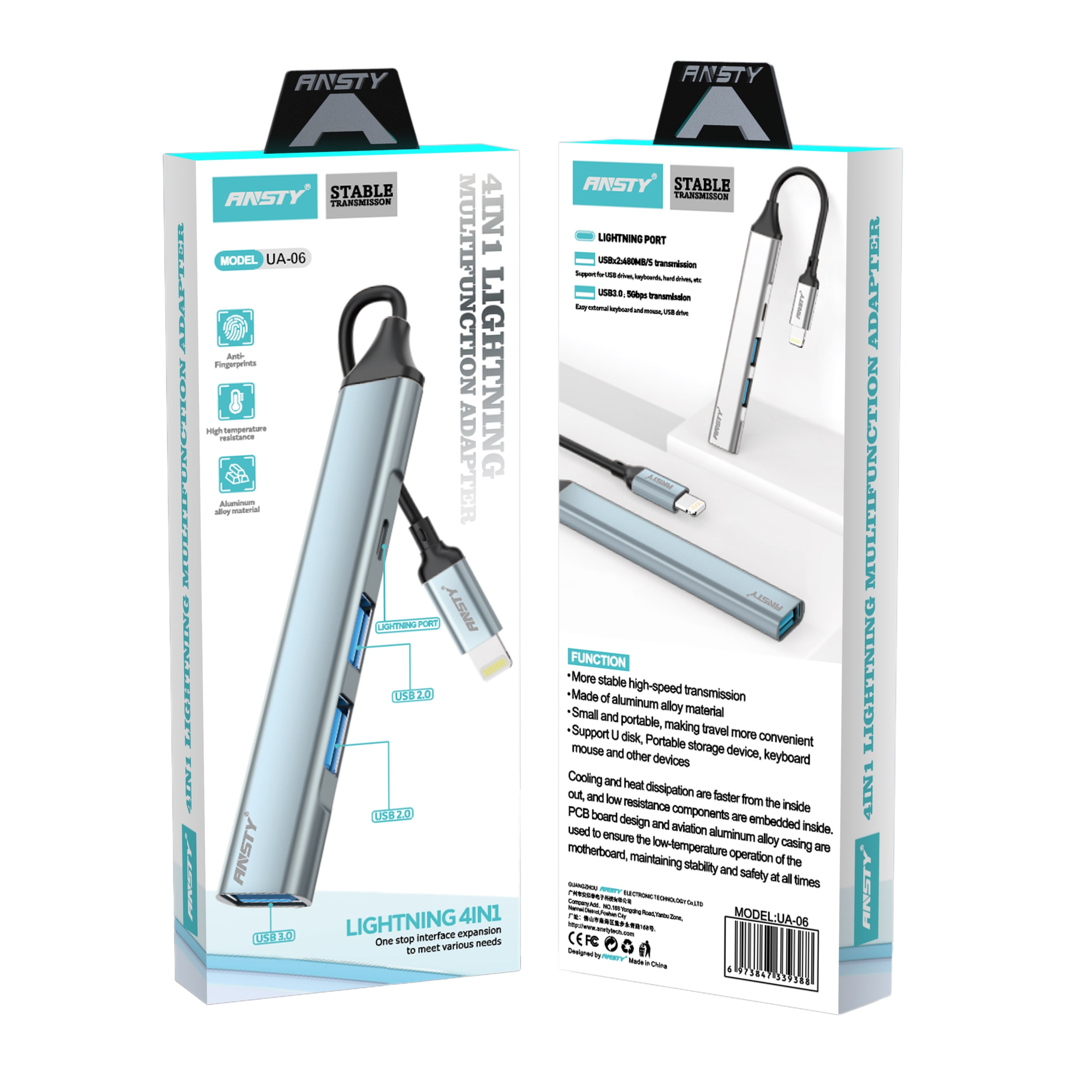 4-in-1 Lightning Multifunction Adapter UA-06 USB 3.0 | Dual USB | Aluminium Body