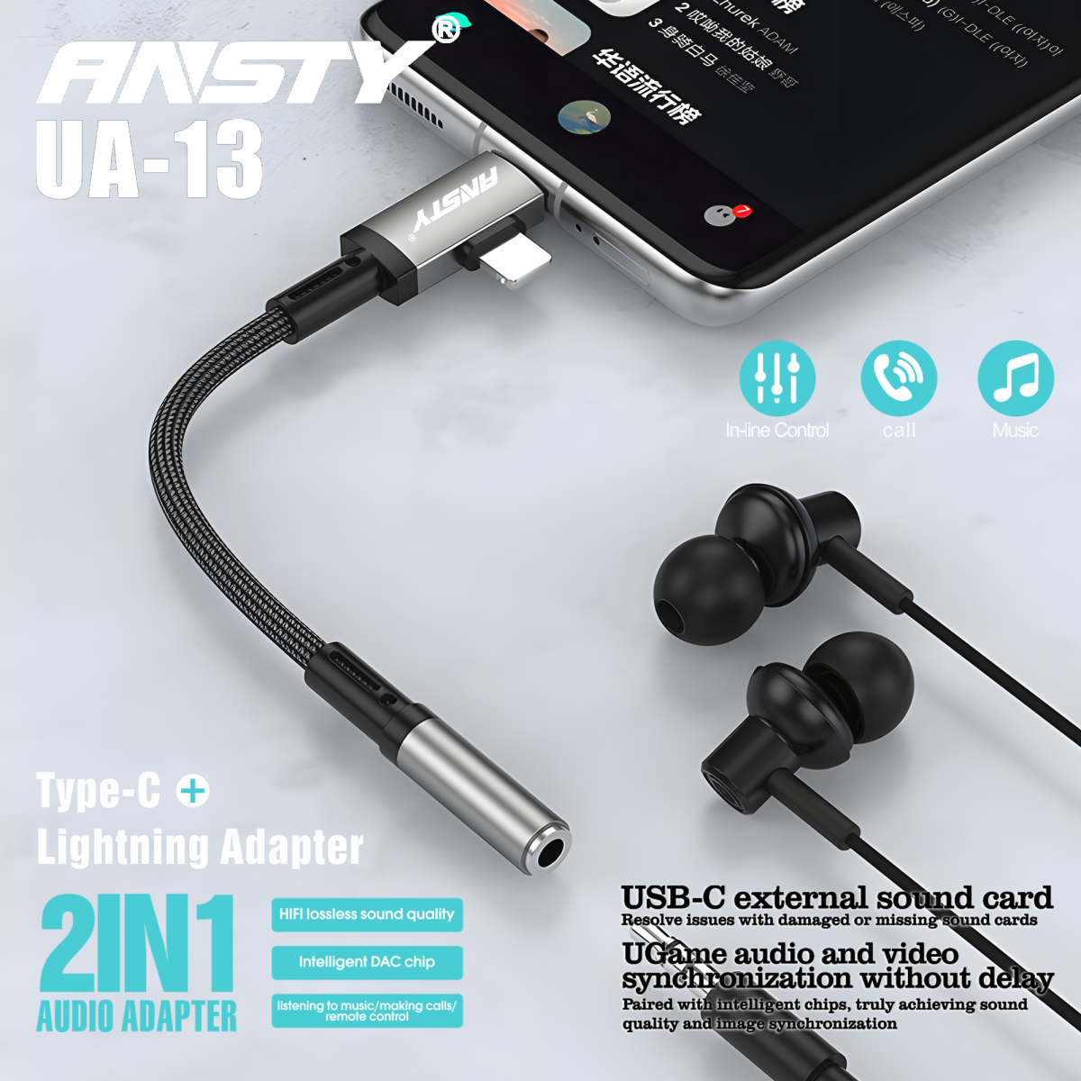 2 in 1 Type C-LIGHTNING Audio Adapter UA-13