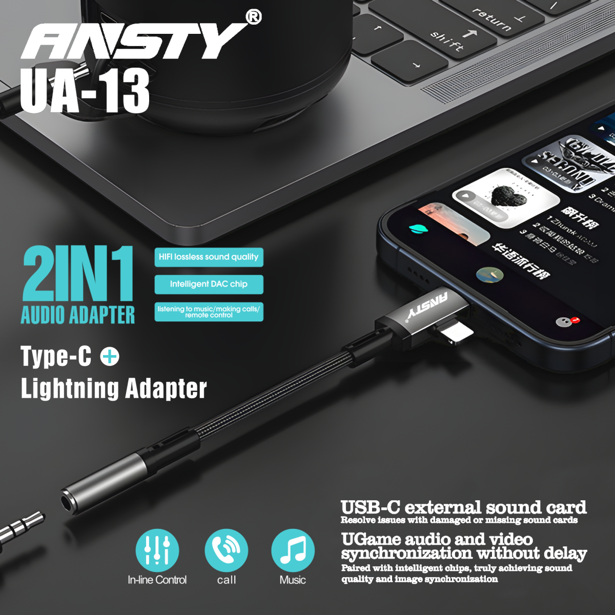 2 in 1 Type C-LIGHTNING Audio Adapter UA-13